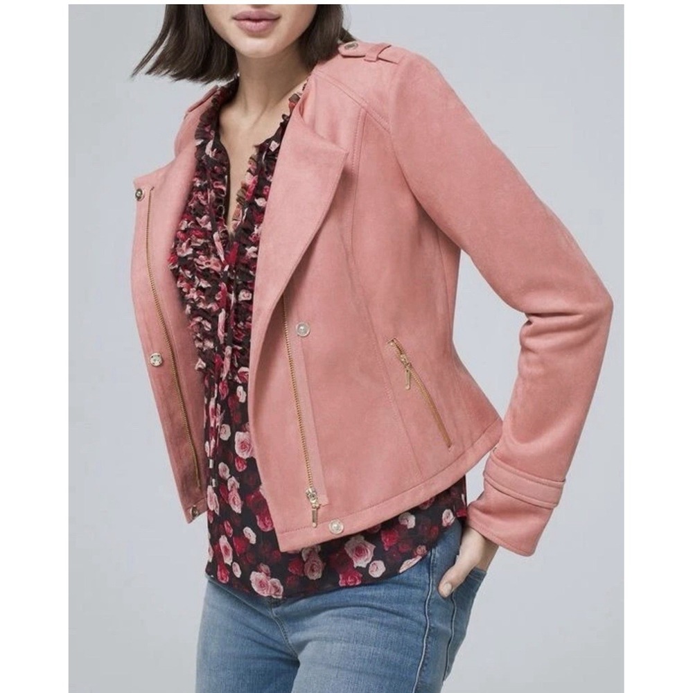 White House Black Market Women's Pink Short Zip Jacket Epaulette Pockets S